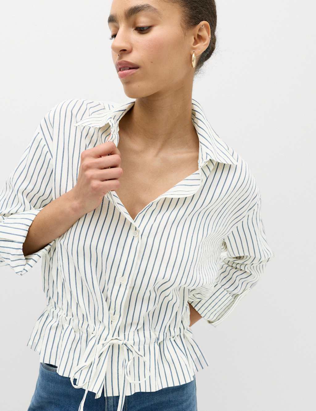 M&S Women's Striped Drawstring Waist Shirt - 14 - Ivory Mix
