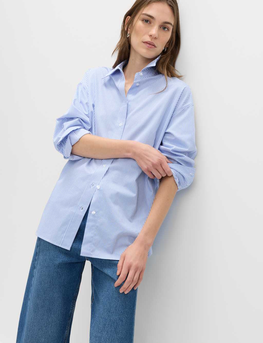 M&S Women's Pure Cotton Striped Oversized Shirt - 10 - Blue Mix
