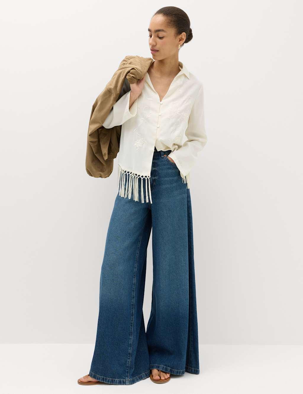 M&S Women's Embroidered Collared Fringe Detail Shirt - 18 - Ivory