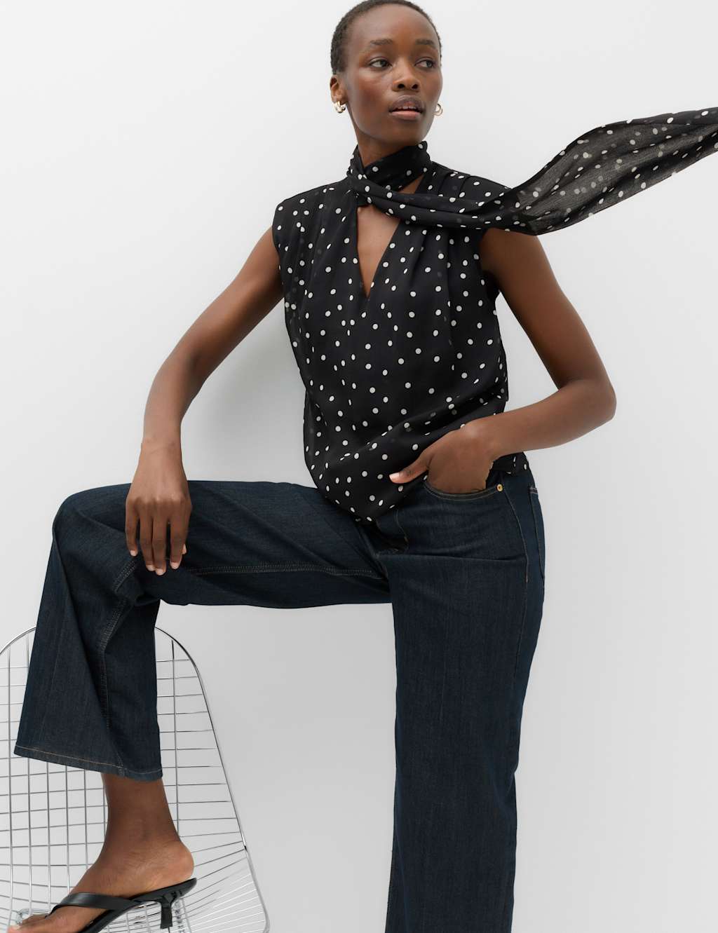 M&S Women's Polka Dot V-Neck Scarf Detail Top - 12 - Black Mix