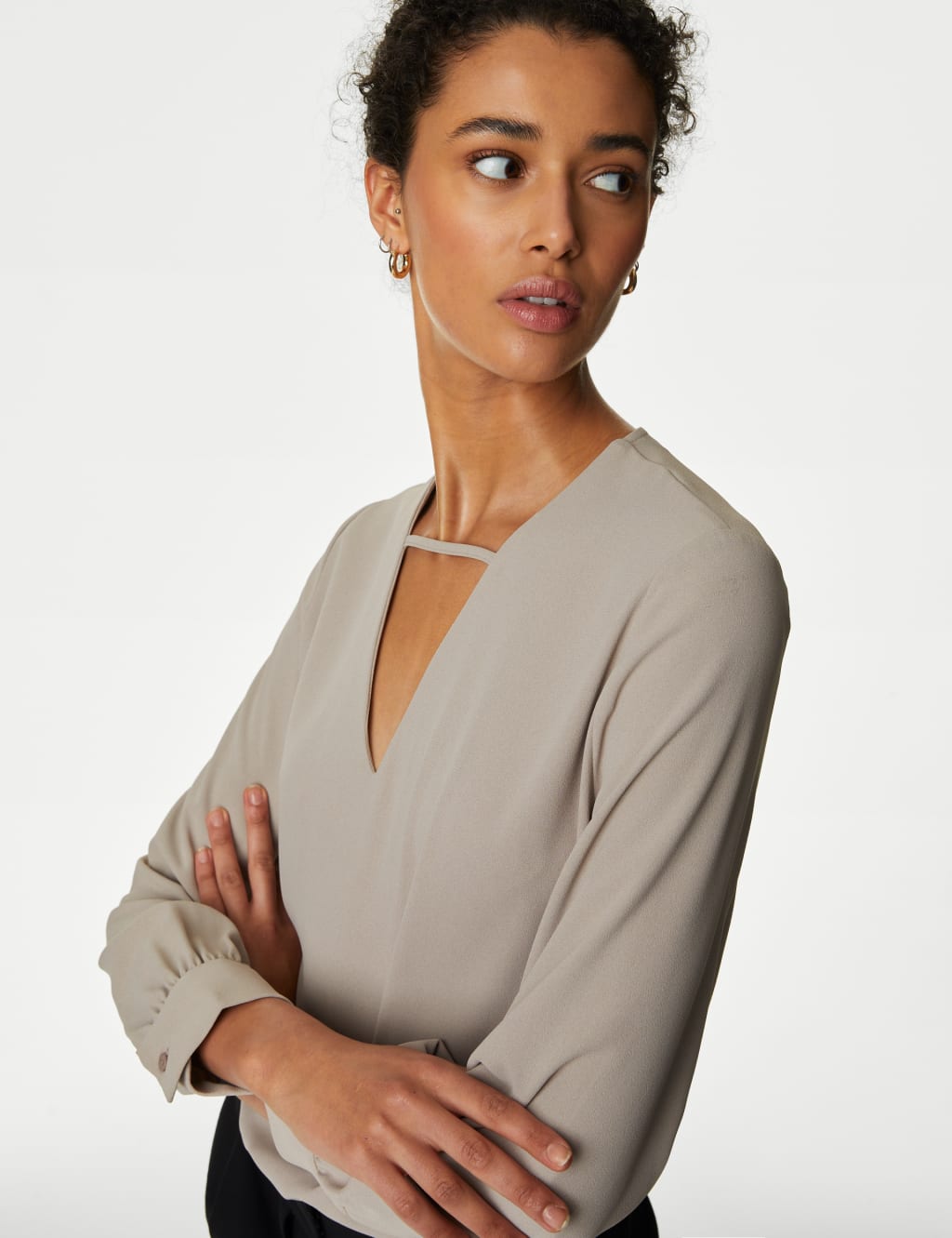 M&S V-Neck Cutwork Detail Popover Blouse Fawn