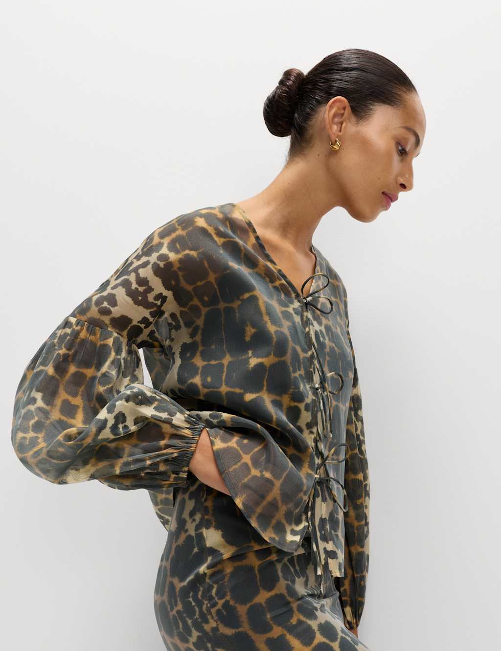 M&S Organza Animal Print V-Neck Tie Front Top Brown Mix