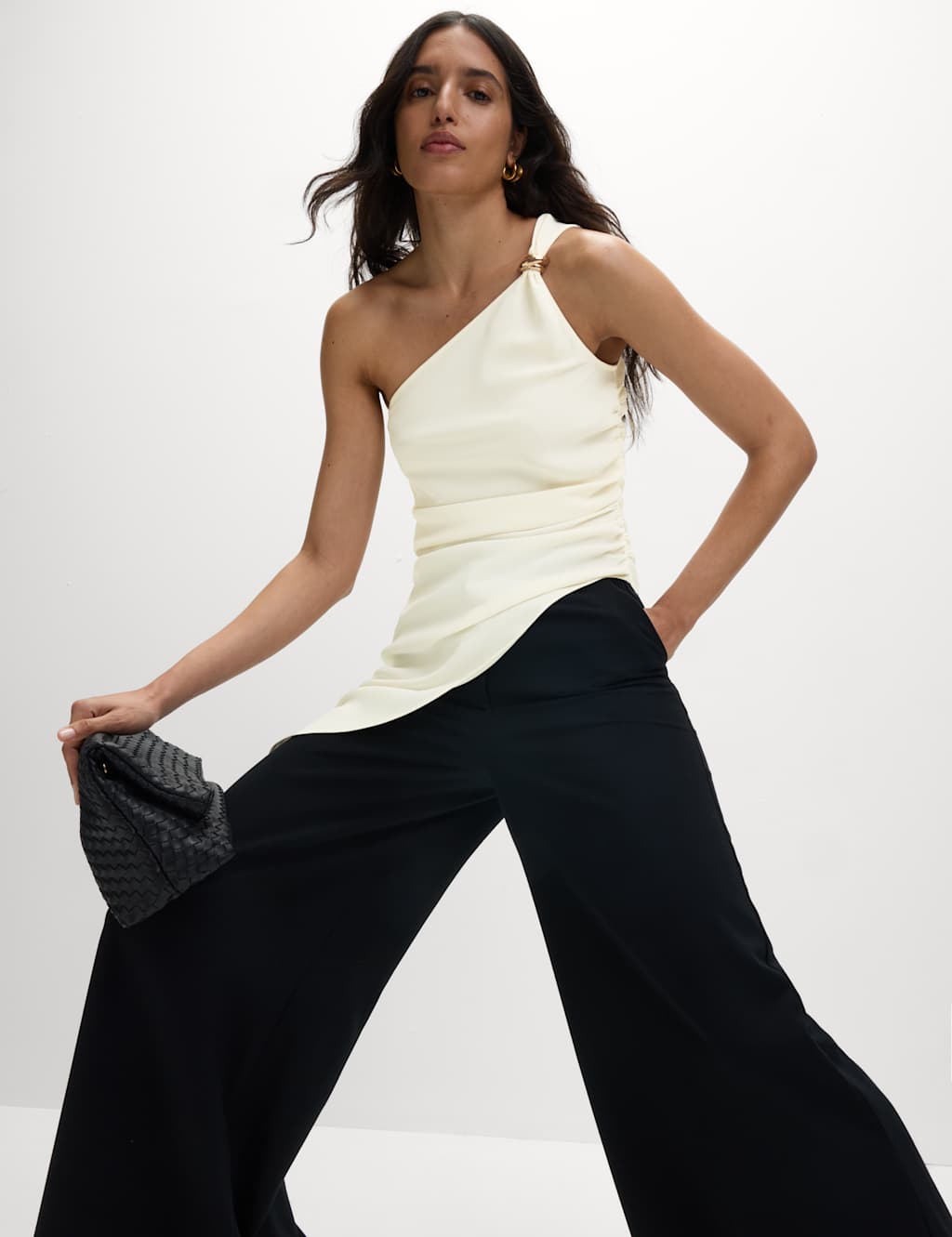 M&S Ruched Hardware Detail Asymmetric Neck Top Ivory
