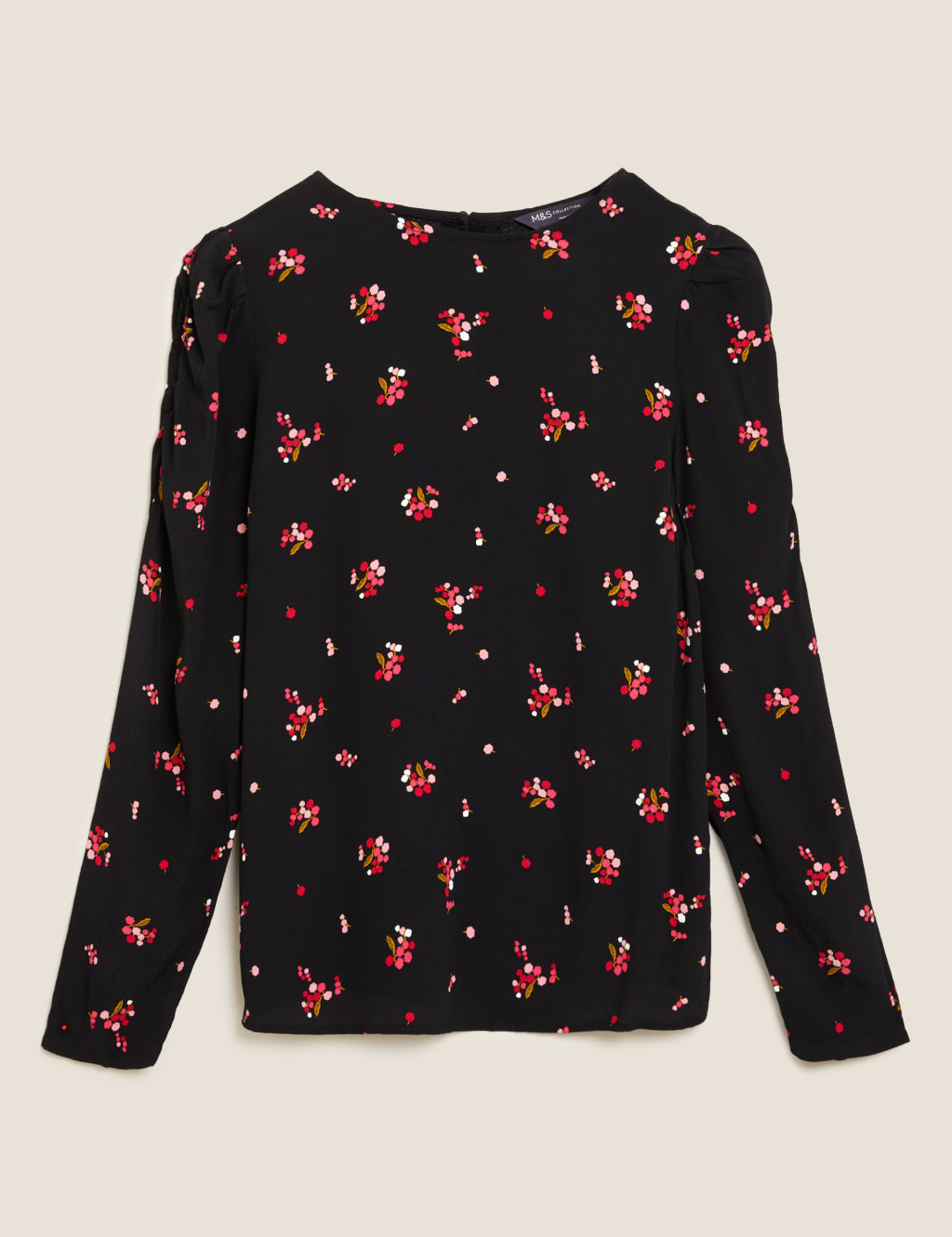 M&S Floral Puff Sleeve Blouse Black Mix