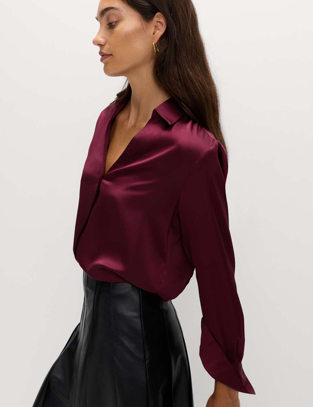 M&S Satin Collared V-Neck Button Through Shirt Wine