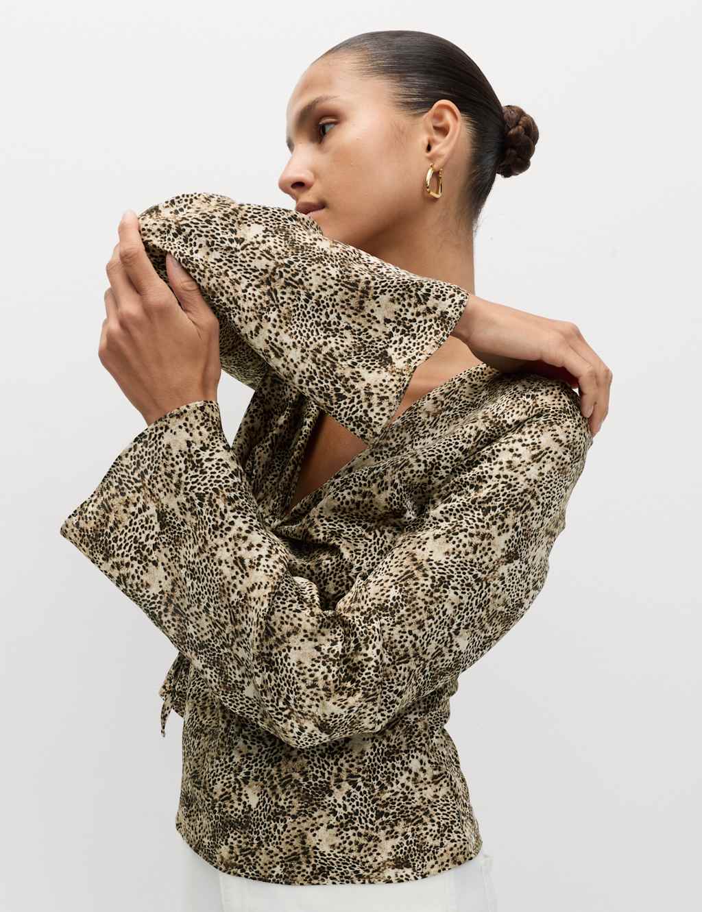 M&S Satin Animal Print Tie Front Top Brown Mix