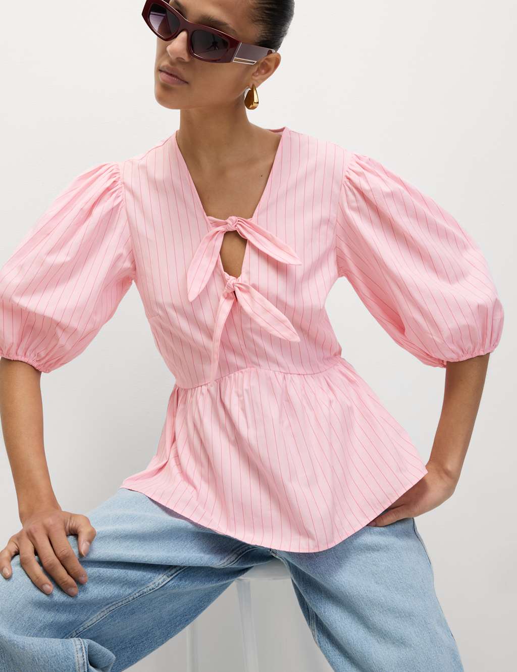 M&S Pure Cotton Striped Bow Detail Top Pink Mix
