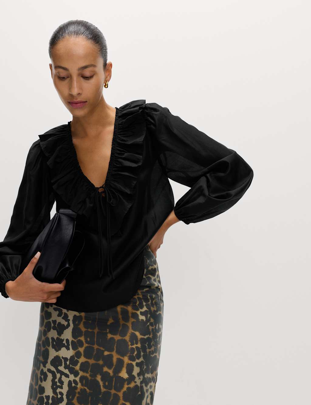 M&S Lyocell Rich Frill Detail V-Neck Top Black