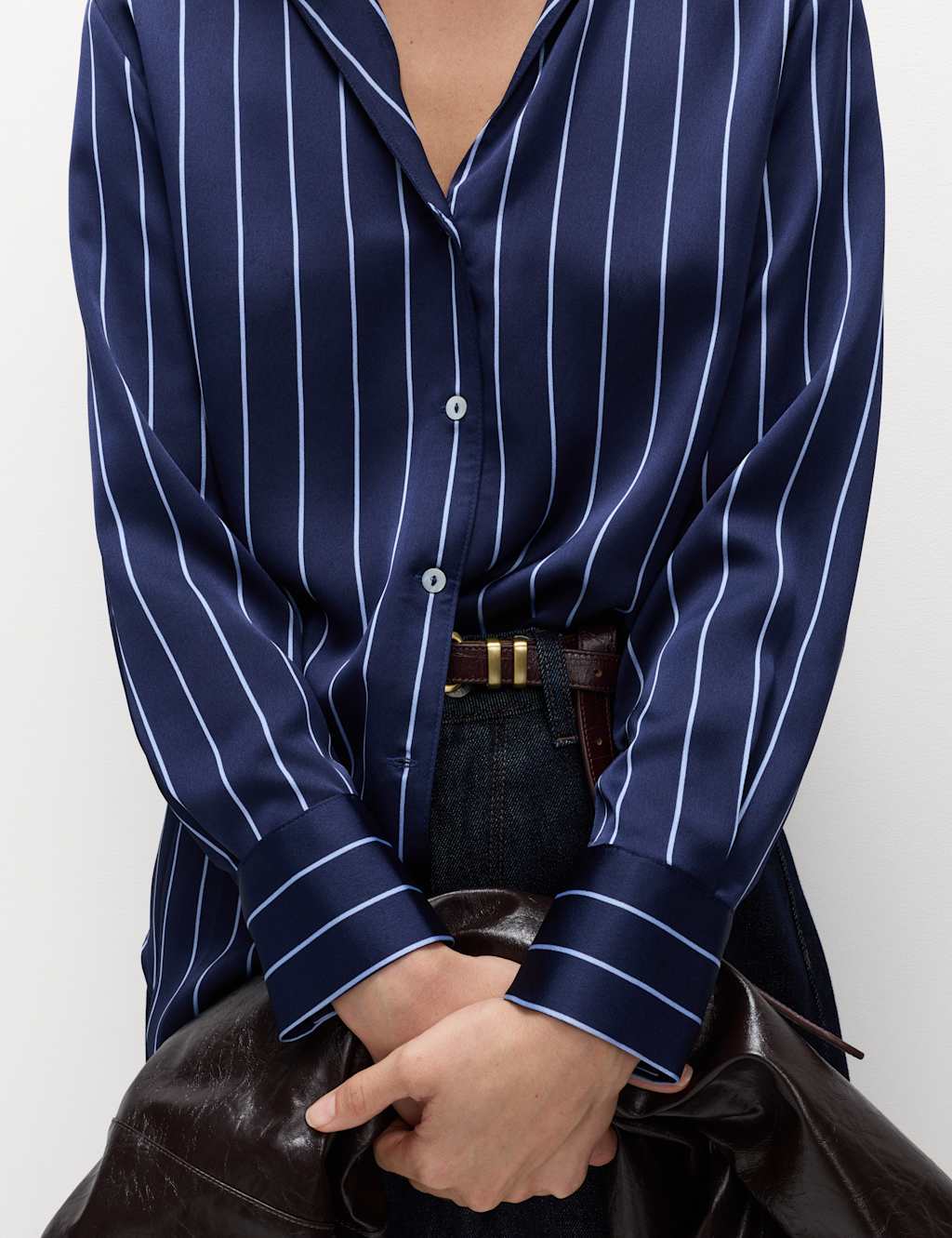 M&S Satin Striped Collared V-Neck Shirt Navy Mix