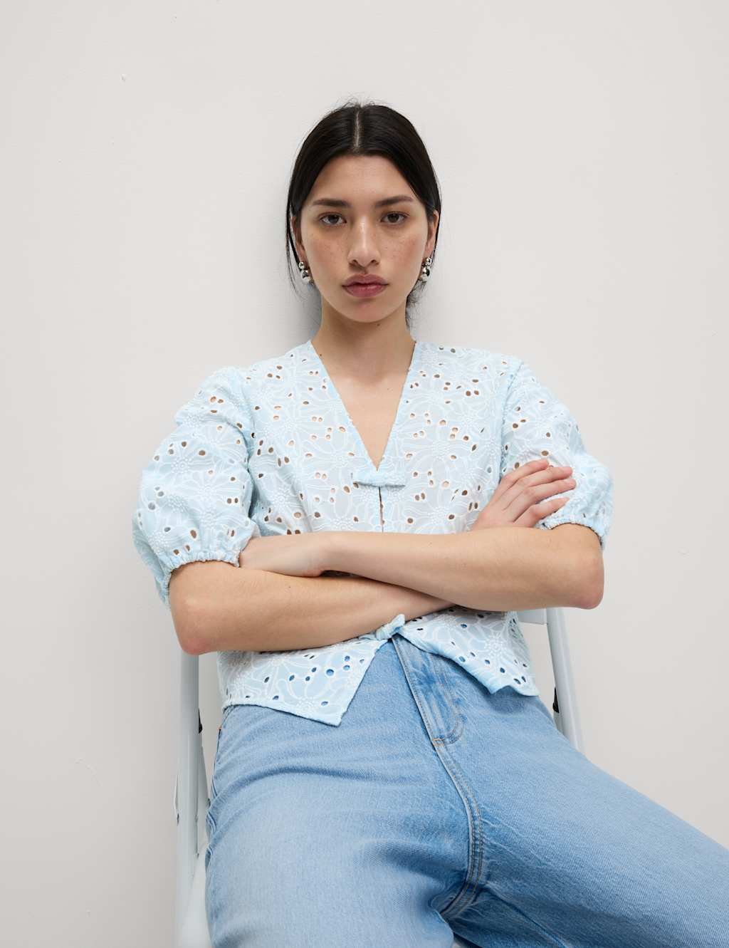 Pure Cotton Floral Cutwork Detail Bow Blouse