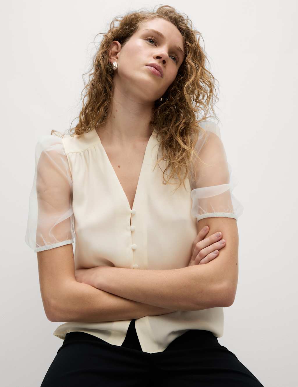 Organza V-Neck Puff Sleeve Top
