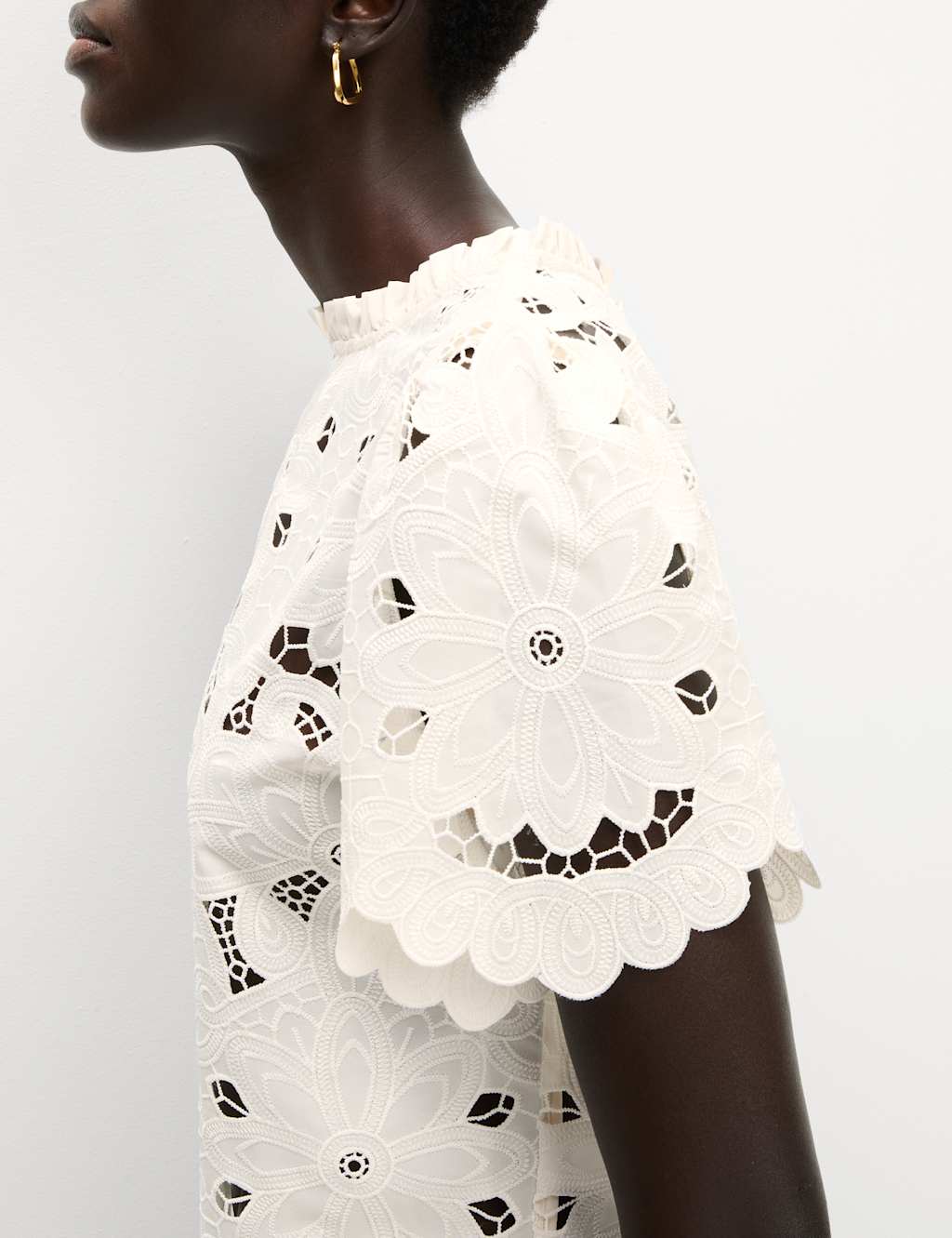 High Neck Cutwork Puff Sleeve Top