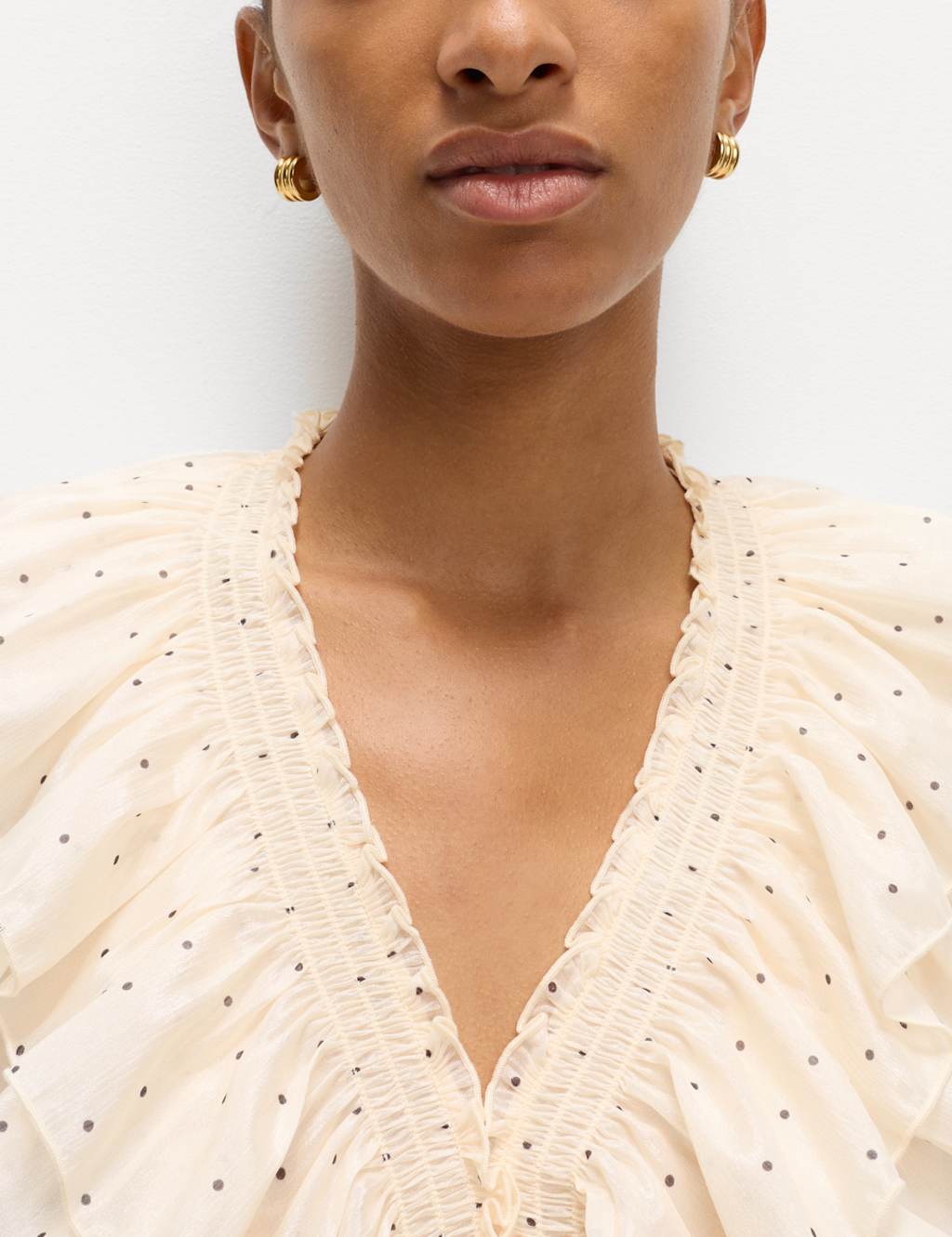 M&S Polka Dot V-Neck Frill Detail Top Peach