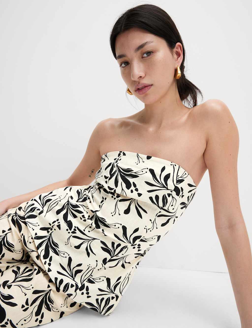 Linen Blend Printed Bandeau Top