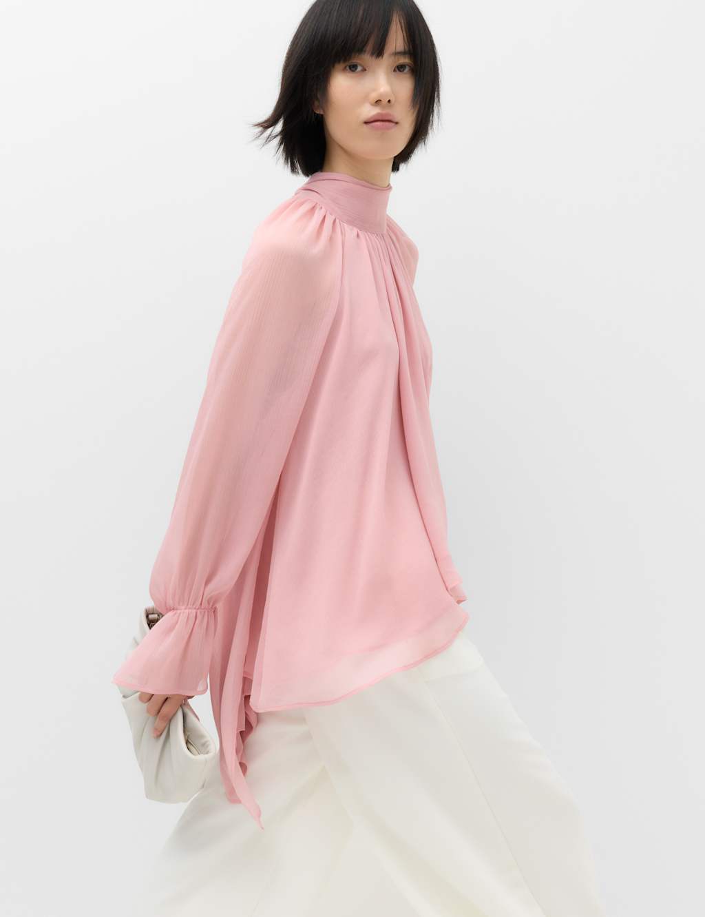 M&S Women's Draped Tie Neck Longline Blouse - 10 - Pink Shell