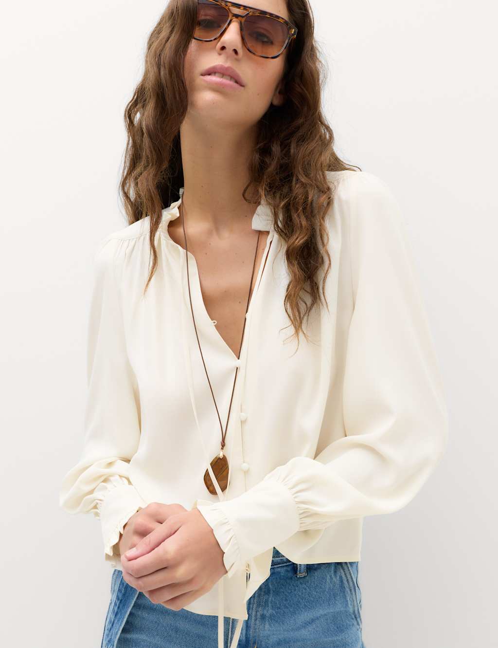 M&S Women's Tie Neck Blouson Sleeve Blouse - 6 - Ivory