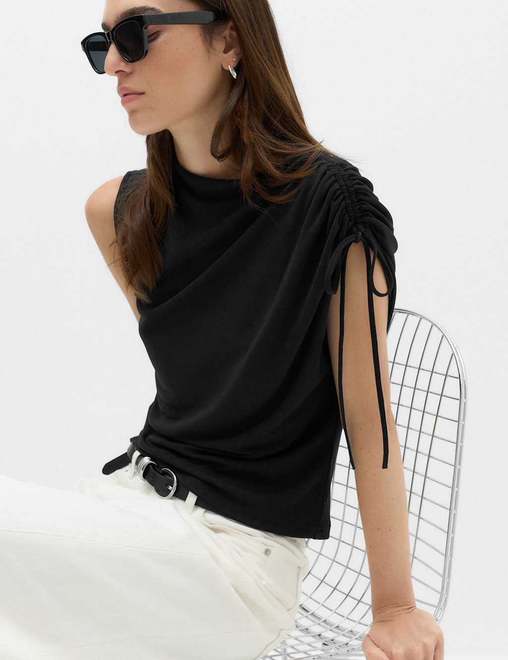 M&S Women's Sleeveless Shoulder Tie Draped Top - 12 - Black
