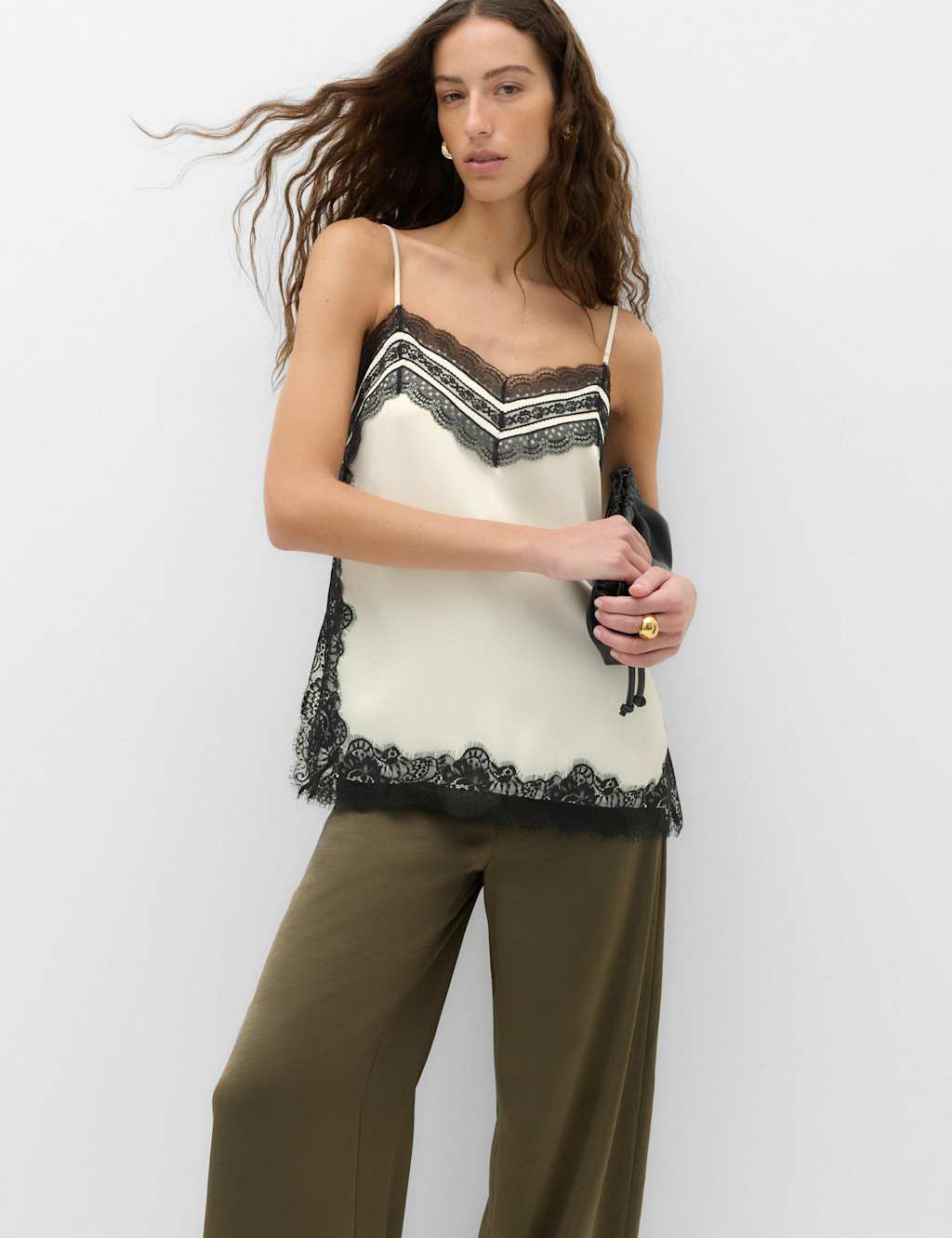M&S Women's Contrast Lace Trim Cami Top - 8 - Ivory Mix