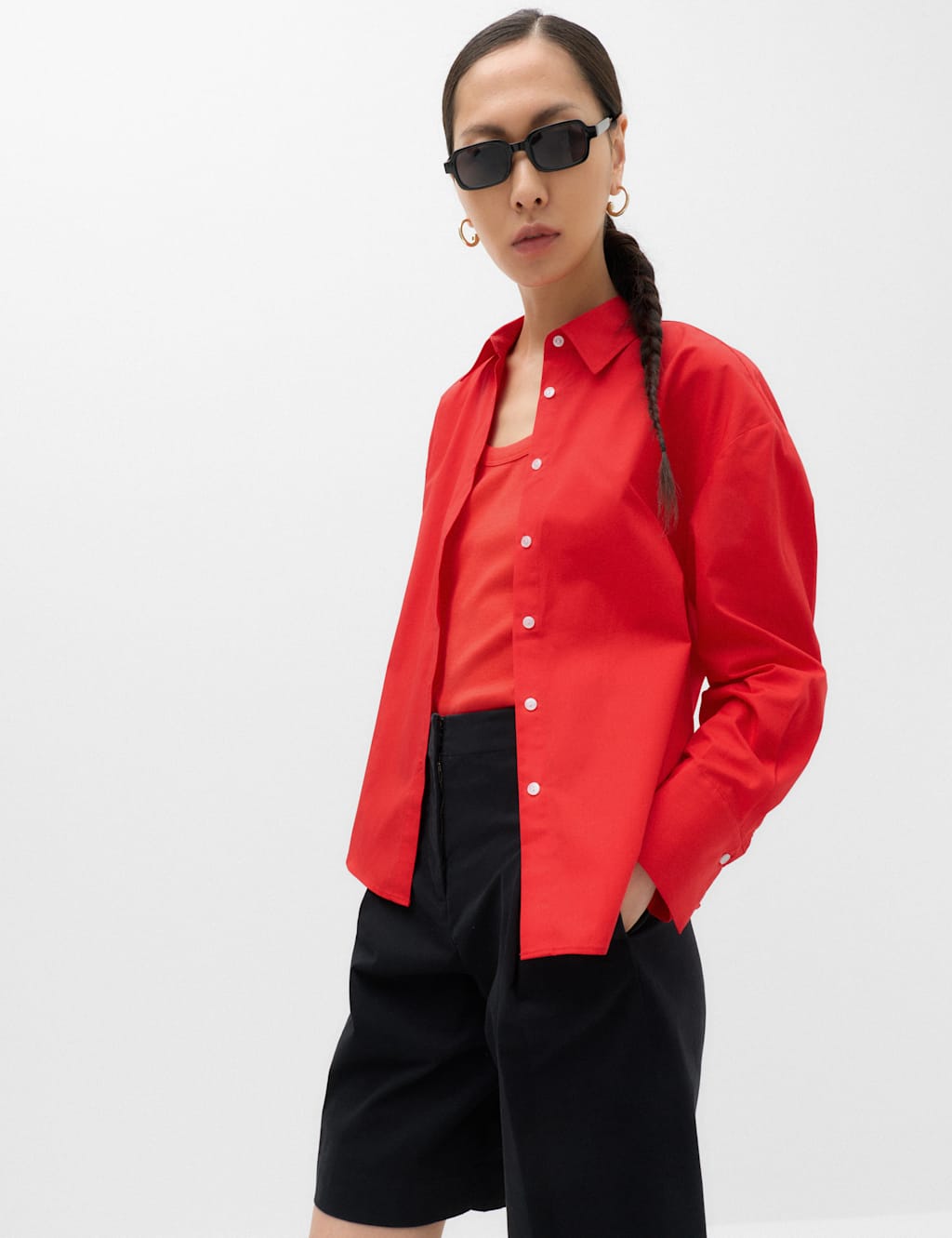 M&S Women's Pure CottonBack Button Detail Shirt - 12 - Red