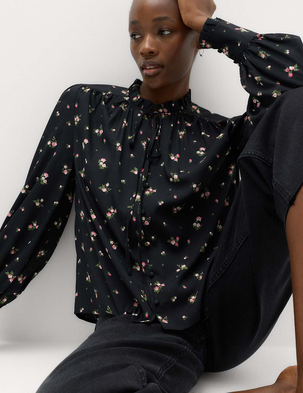 M&S Women's Floral Tie Neck Button Through Blouse - 12 - Black Mix