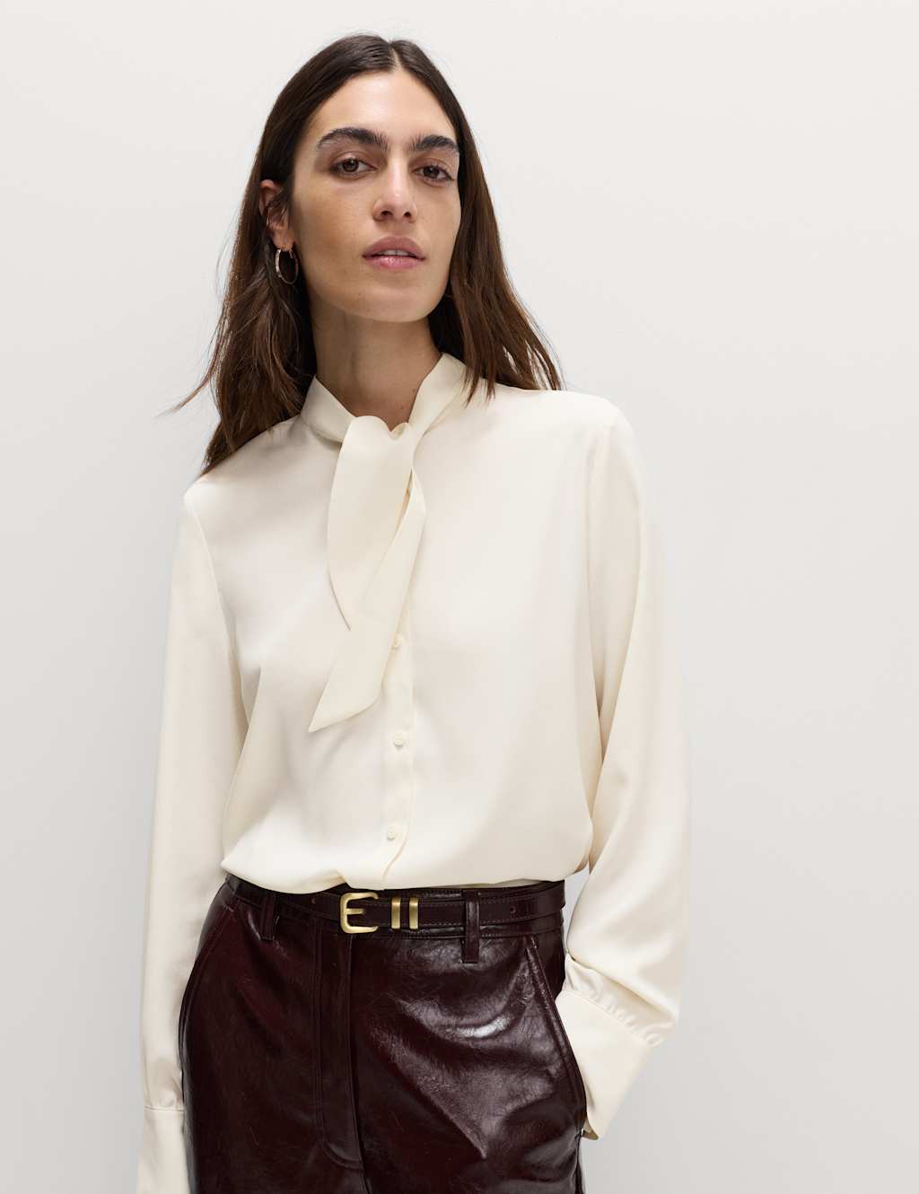 M&S Tie Neck Long Sleeve Shirt Ivory