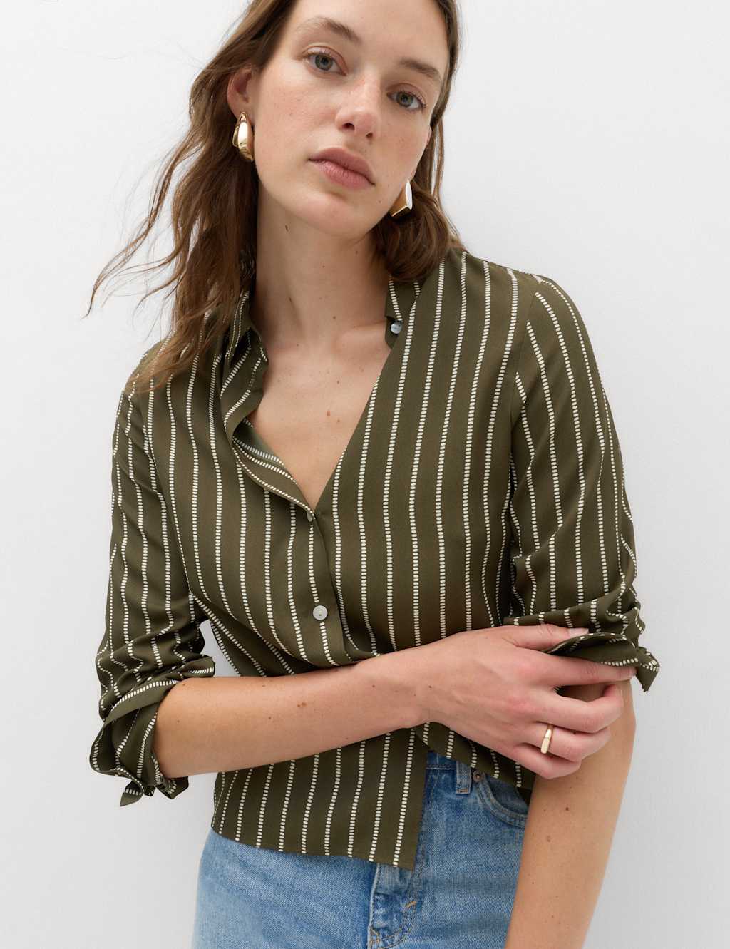M&S Women's Polka Dot Collared Button Through Shirt - 18 - Olive Mix