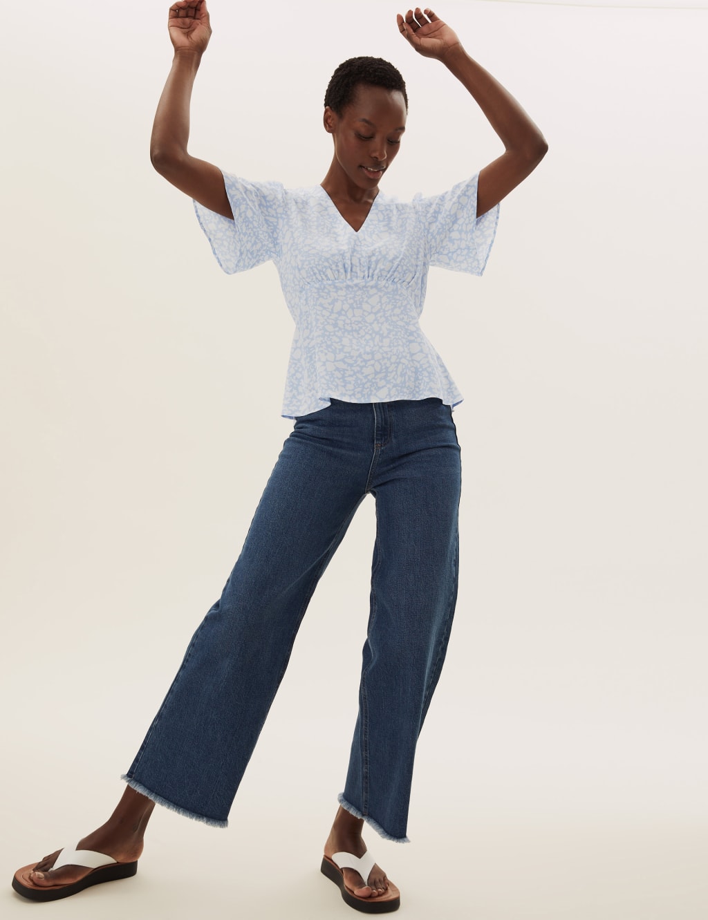 M&S Animal Print V-Neck Angel Sleeve Top Blue Mix