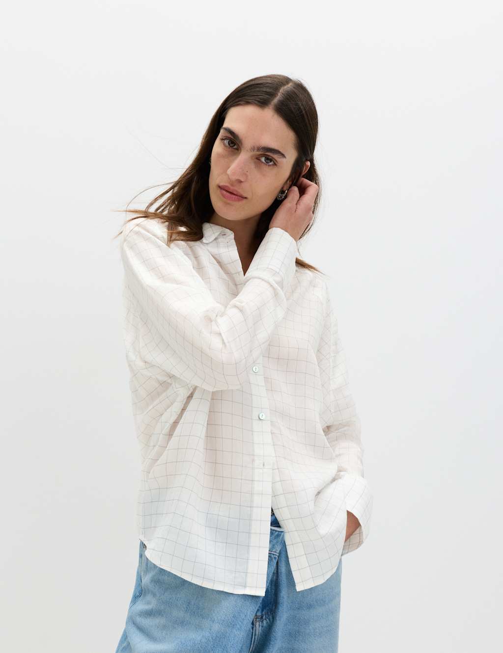 M&S Women's Lyocell Rich Checked Collared Oversized Shirt - 18 - White Mix