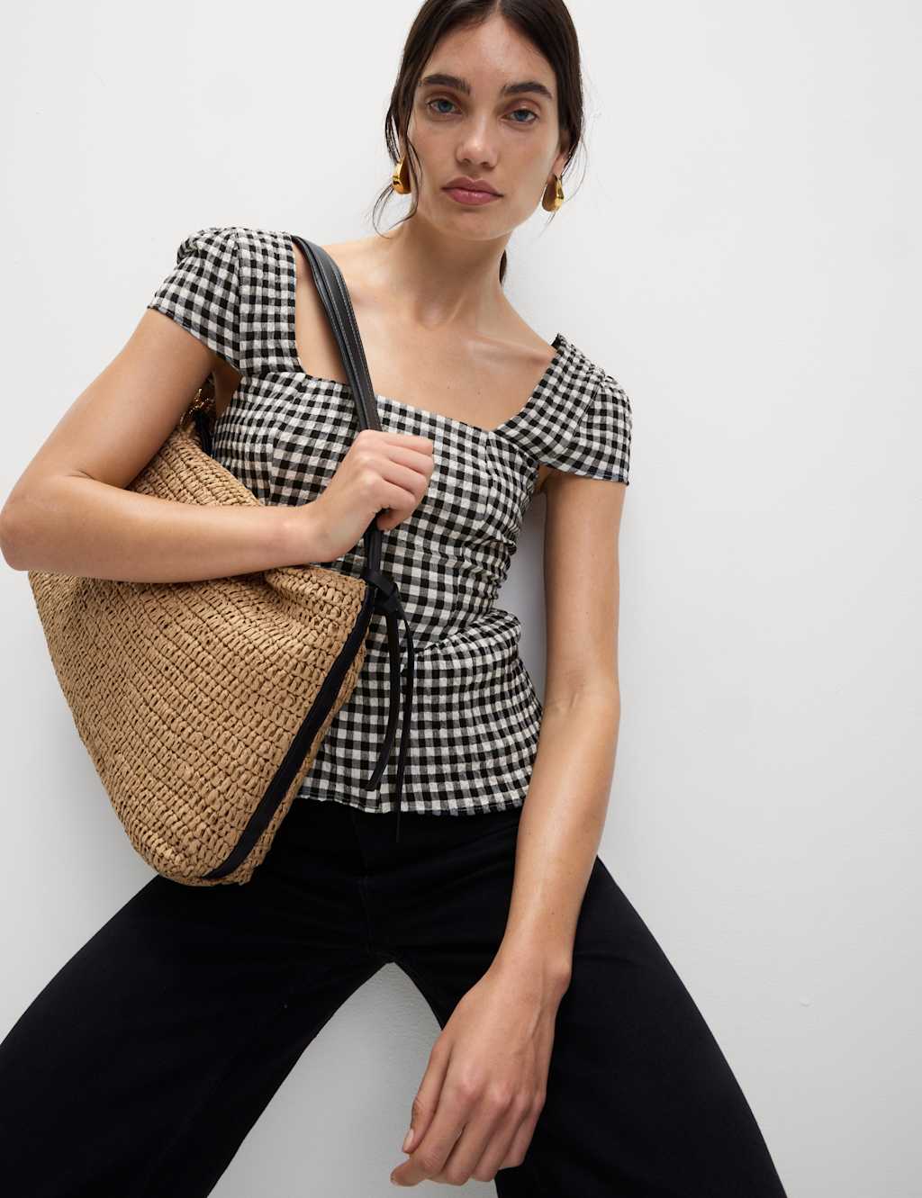 Cotton Rich Checked Cap Sleeve Peplum Top