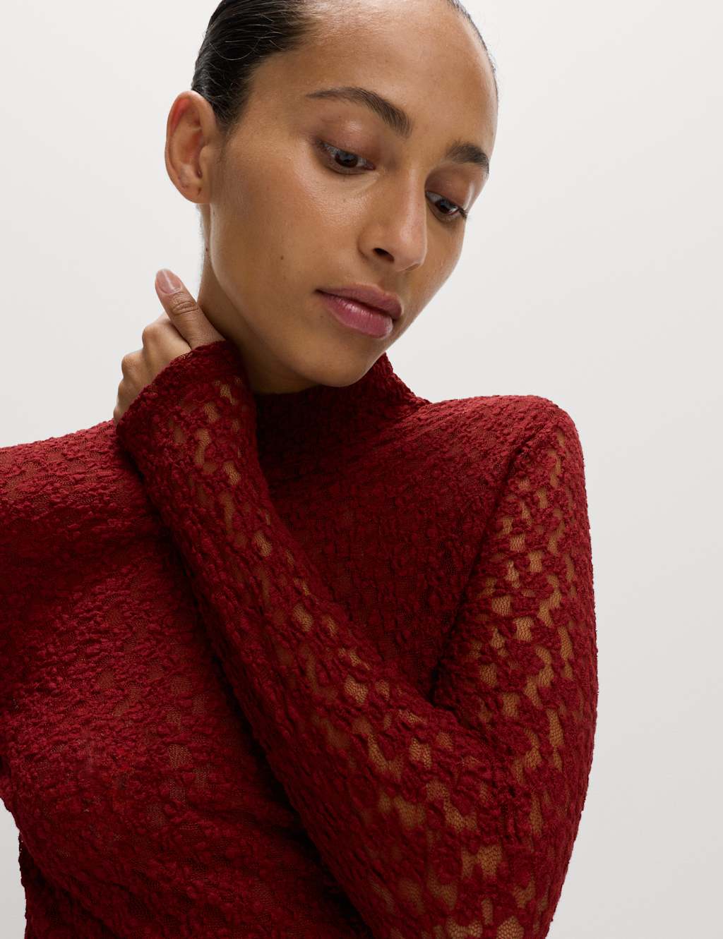 M&S Cotton Blend Lace High Neck Top Wine