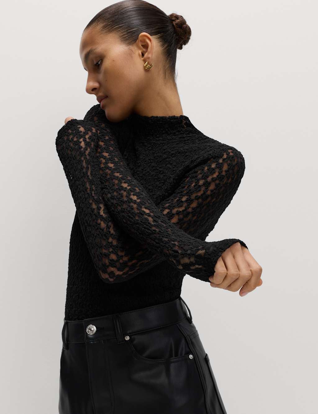 M&S Cotton Blend Lace High Neck Top Black