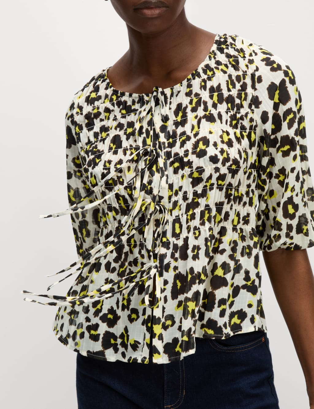 Shirred Tie Front Blouse