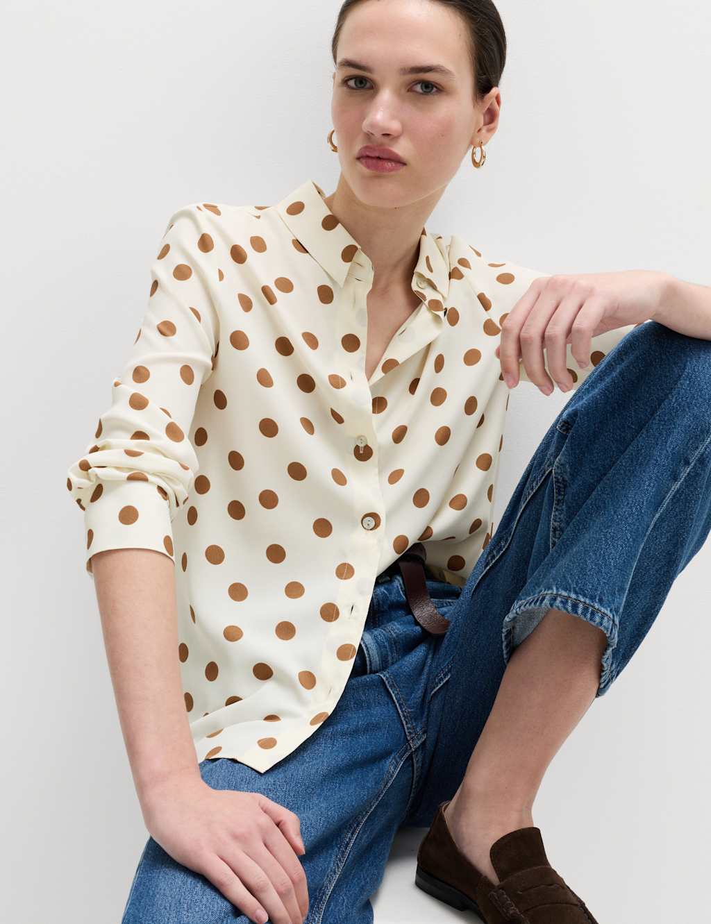 M&S Women's Printed Collared Shirt - 6 - Ivory Mix