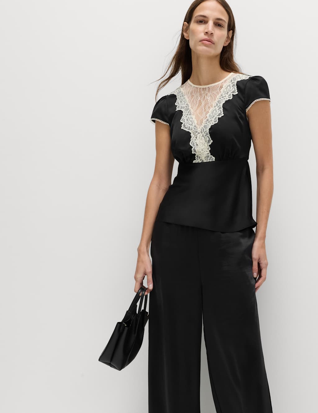 M&S Women's Satin Lace Insert Top - 22 - Black