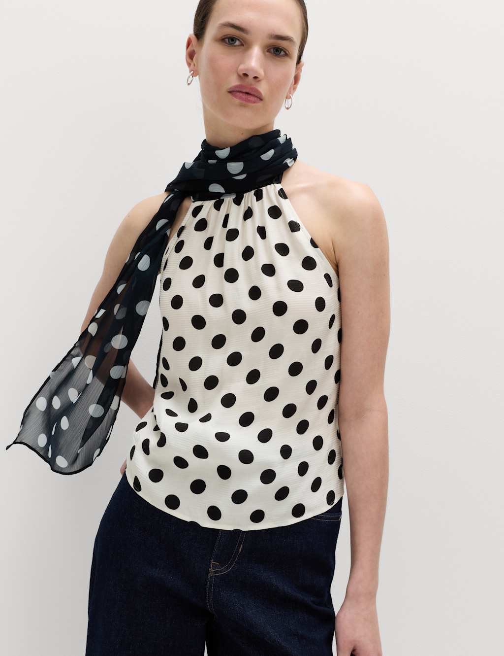 M&S Women's Polka Dot Scarf Detail Top - 12 - Ivory Mix