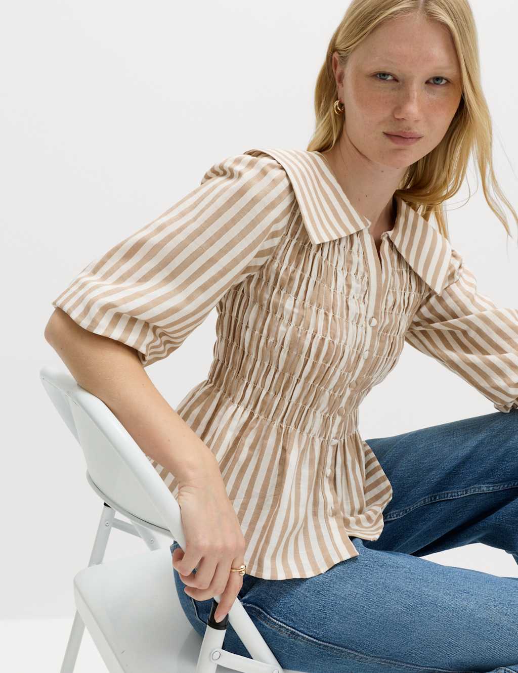M&S Women's Linen Rich Patterned Shirred Blouse - 16 - Natural Mix