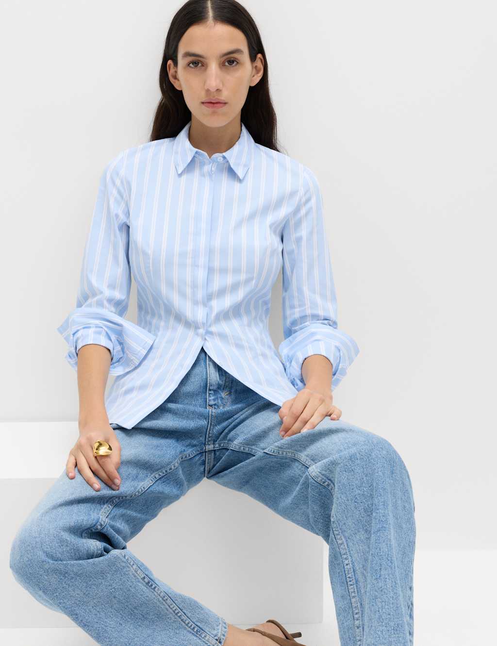 M&S Women's Cotton Rich Striped Collared Fitted Shirt - 12 - Blue Mix