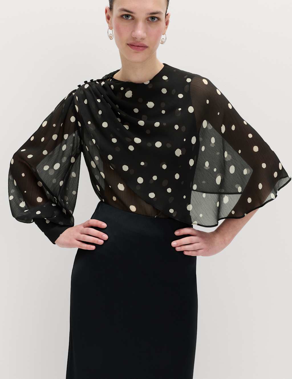 M&S Women's Polka Dot Drape Detail Blouse - 12 - Black Mix