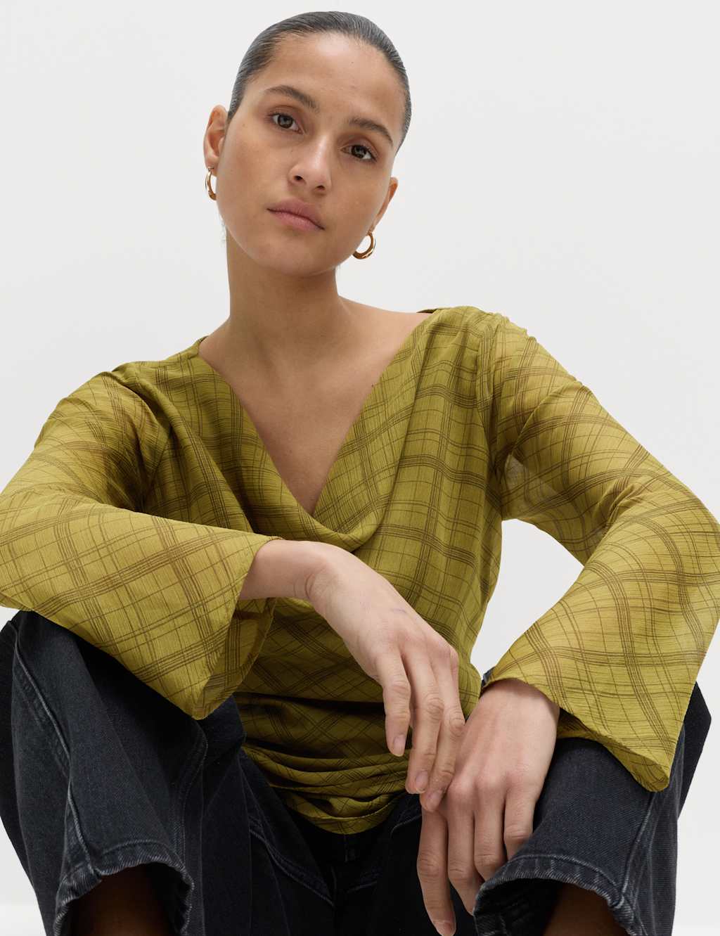 M&S Women's Checked Cowl Neck Top - 16 - Green Mix