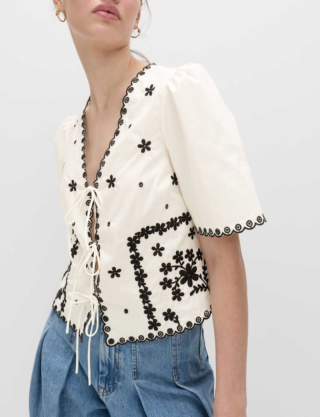 M&S Women's Pure Cotton Embroidered Tie Detail Top - 6 - Ivory Mix