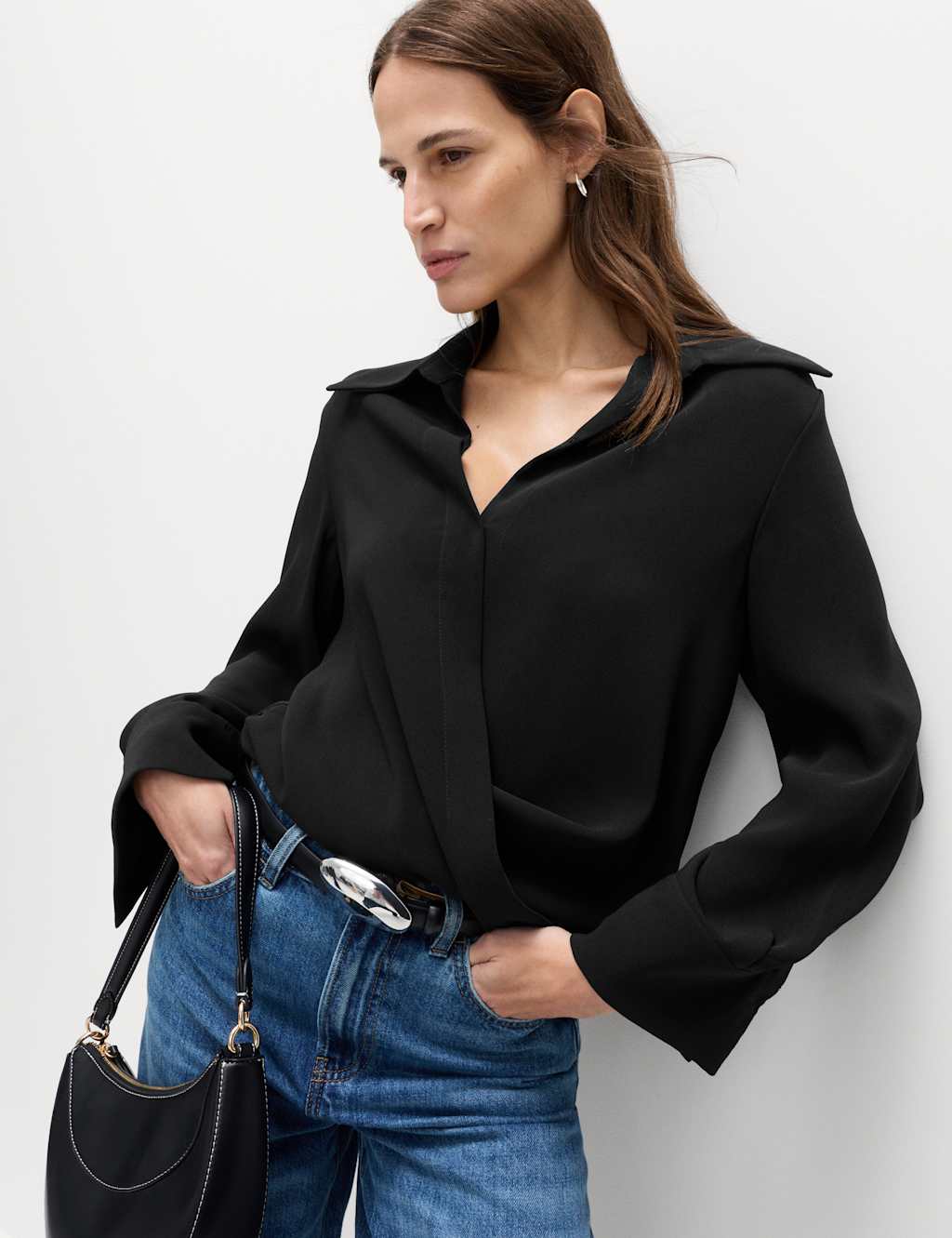 M&S Women's Collared Drape Wrap Shirt - 10 - Black
