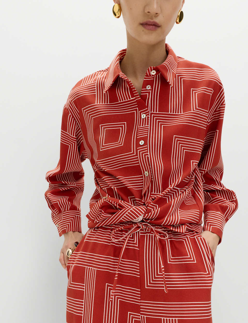 M&S Women's Geometric Print Collared Shirt - 10 - Red Mix