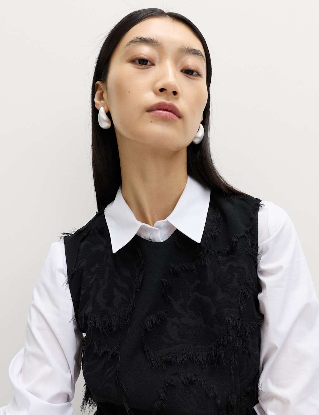 M&S Women's Floral Jacquard Fringed V-Neck Tailored Top - 20 - Black