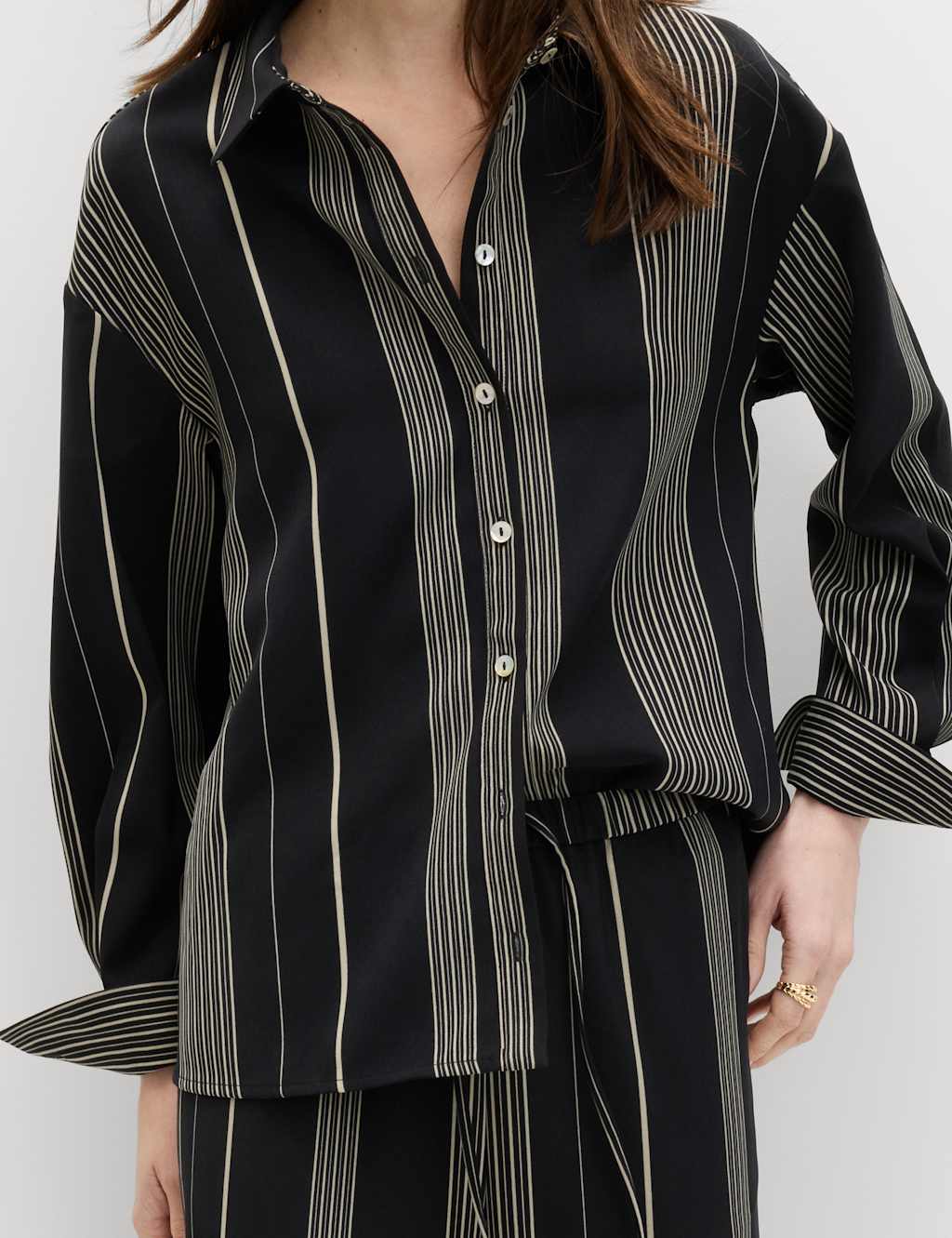 M&S Women's Striped Collared Button Through Shirt - 12 - Black Mix