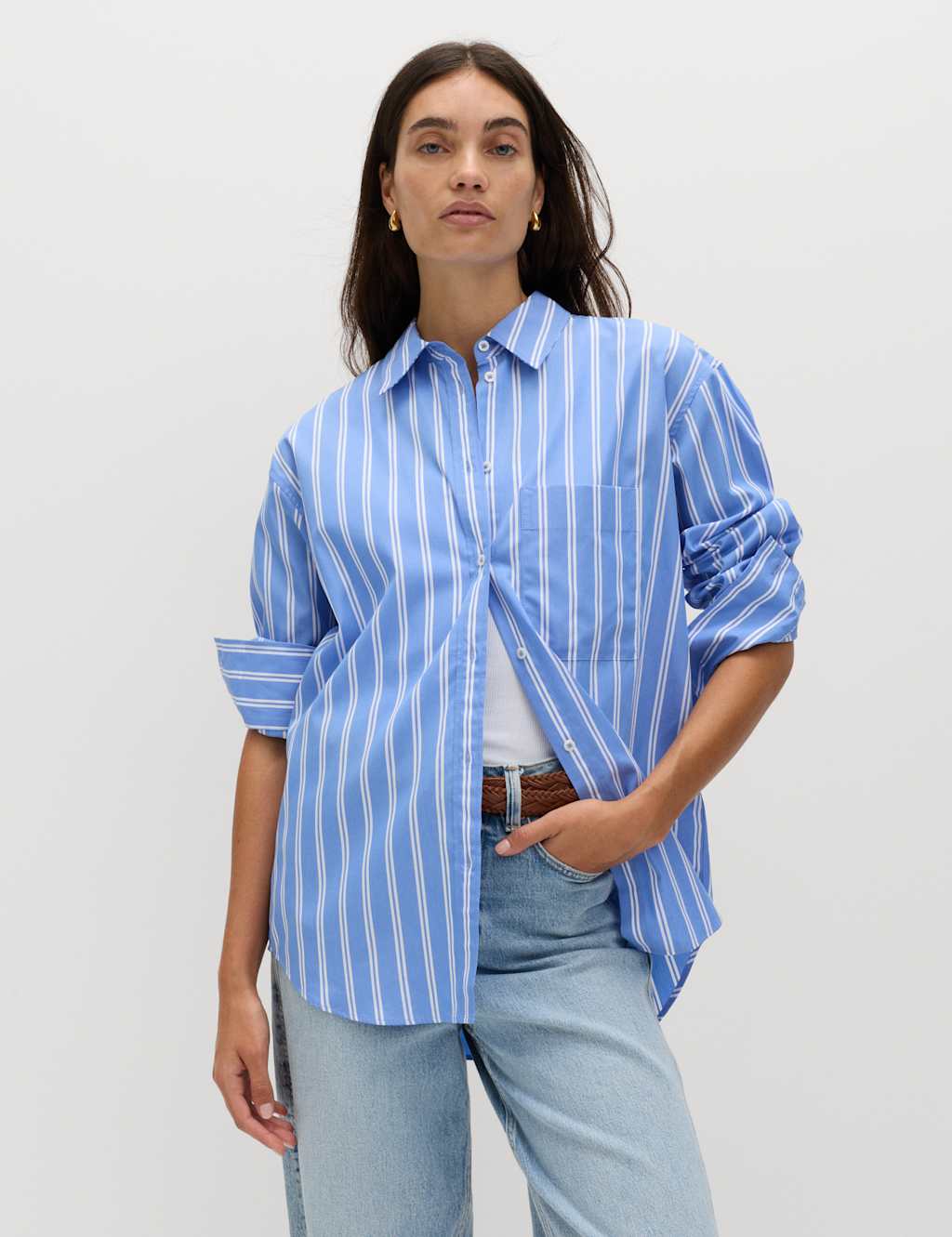 M&S Women's Pure Cotton Striped Womenfriend Shirt - 12 - Blue Mix