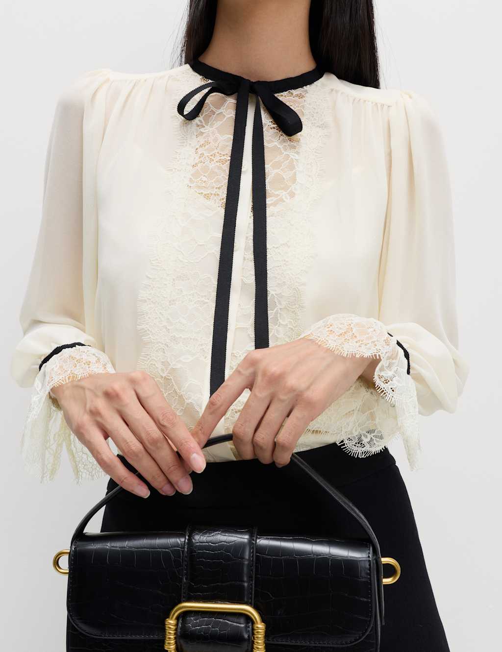 M&S Contrast Tie Neck Frill Sleeve Lace Detail Top Ivory