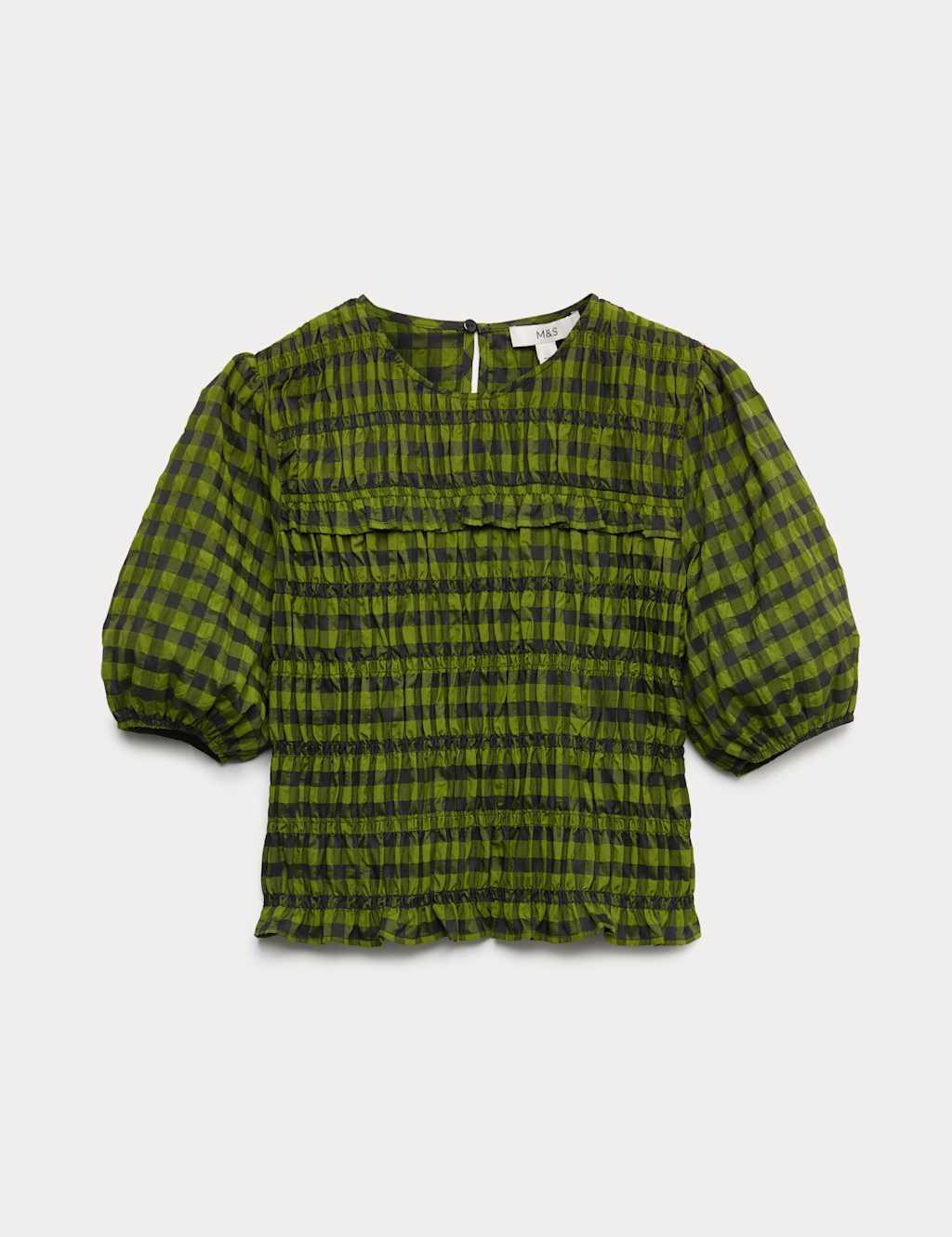 M&S Cotton Blend Checked Shirred Detail Top Green Mix