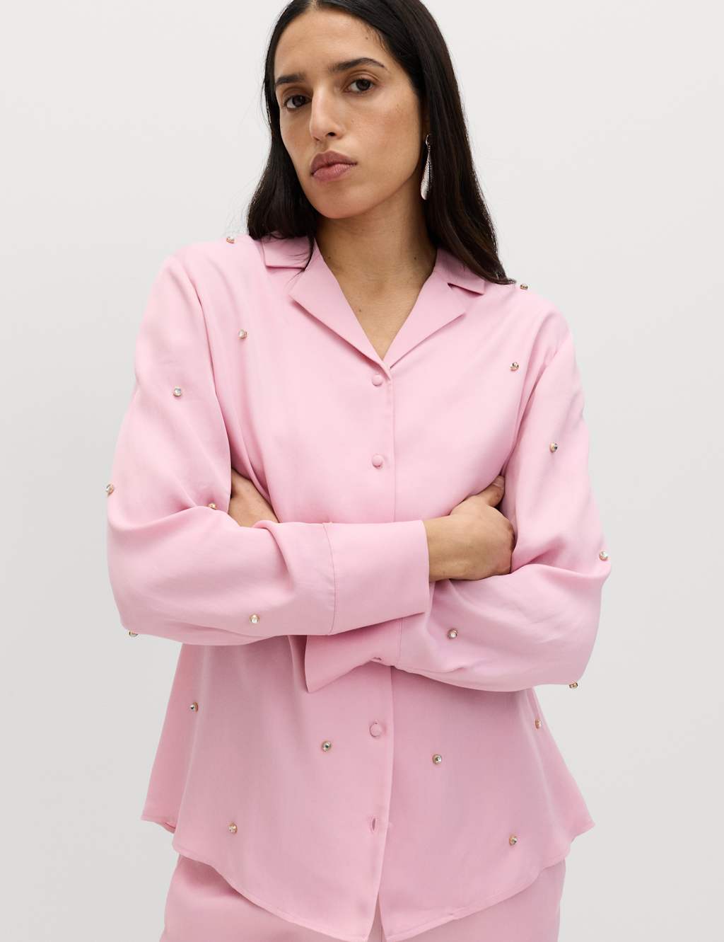 M&S Women's Sparkly Embellished Collared Shirt - 6 - Dusted Pink