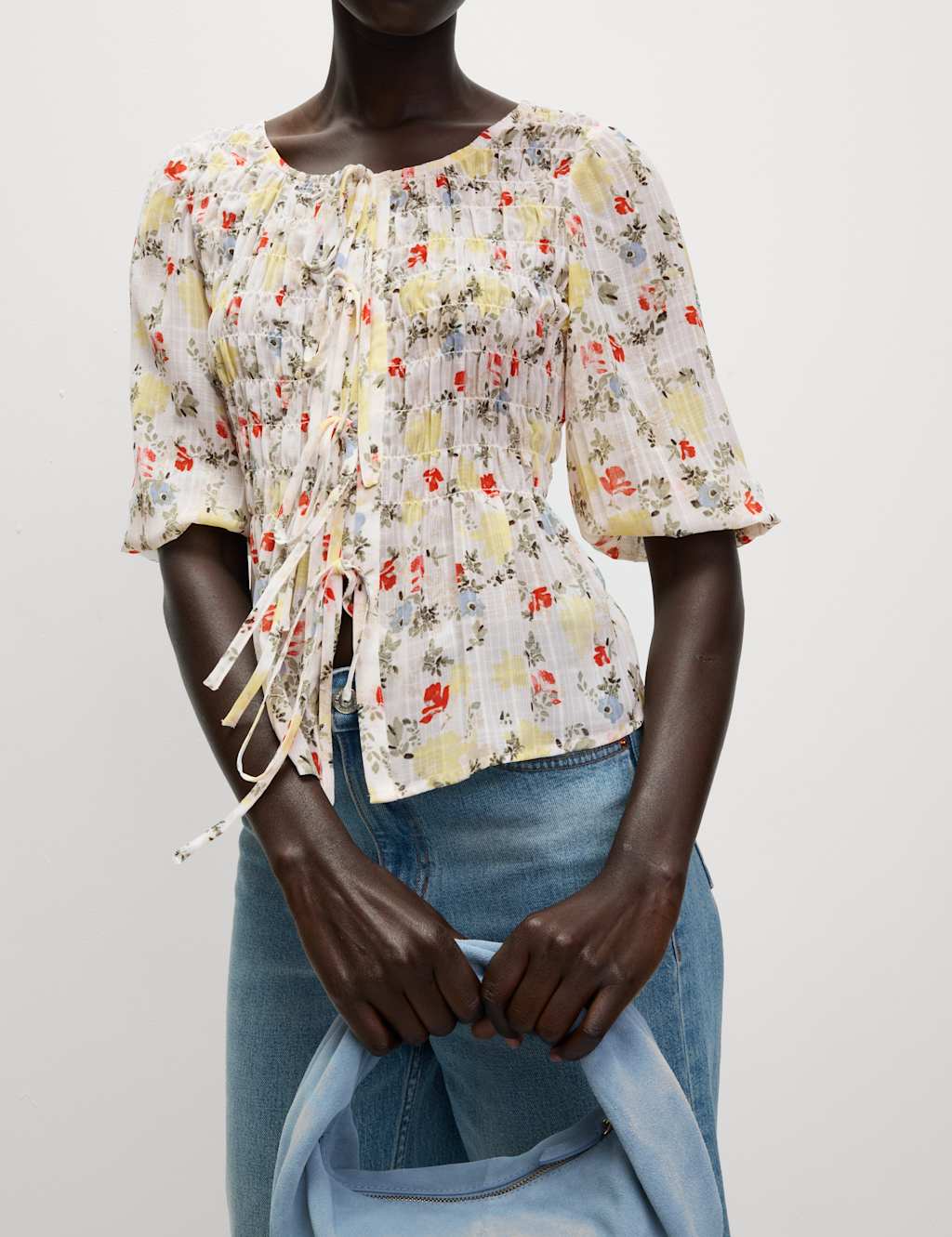 Printed Shirred Tie Detail Puff Sleeve Blouse