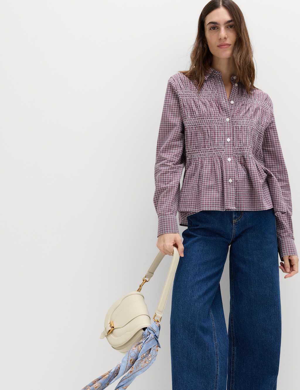 M&S Women's Pure Cotton Shirred Collared Shirt - 12 - Red Mix